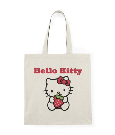 Embrace the charm of the Hello Kitty Strawberry Natural Tote Bag. This delightful accessory combines the iconic Hello Kitty design with a sweet strawberry motif, making it a whimsical, eco-friendly companion for your daily outings. Carry your essentials in style with this adorable and sustainable tote. #hellokittybag #hellokittytotebag Cheap Everyday Bags With Hello Kitty Print, Cheap Hello Kitty Print Rectangular Shoulder Bag, Tote Bag Ideas Design, Hello Kitty With Strawberry, Shopper Bag Design, Tote Bag Drawing, Cute Totes, Hello Kitty Tote Bag, Sanrio Things