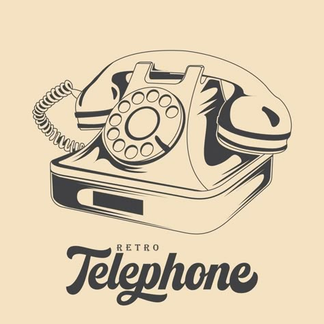 Dial Phone Tattoo, Old School Phone Drawing, Telephone Graphic Design, Retro Telephone Illustration, Vintage Telephone Illustration, Retro Phone Drawing, Vintage Phone Illustration, Vintage Phone Tattoo, Vintage Telephone Drawing