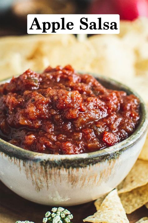 This sweet and spicy chunky salsa has plenty of fall flavor that makes the perfect combo for your tortilla chips. Apple Salsa is easy to make and so irresistible you won’t be able to stop dipping your chips into it. Fall Salsa Recipes, Fall Salsa, Apple Salsa Recipe, Pumpkin Salsa, Apple Salsa, Sweet Salsa, Fall Feast, Canning Ideas, Hot Salsa