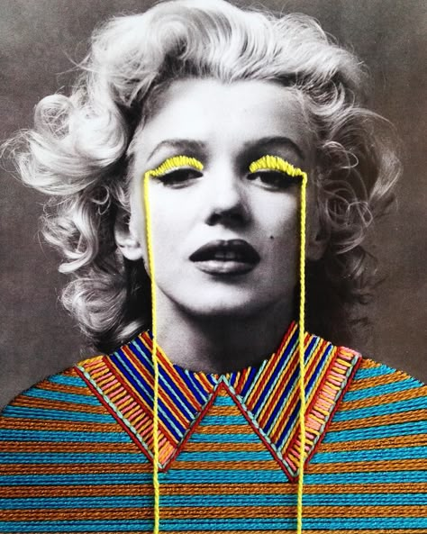 Colorfully Embroidered Vintage Photos of Artists and Cultural Icons by Victoria Villasana Kunst Collages, Vintage Foto's, Embroidered Photo, Colossal Art, Art Pop, Art Textile, Photographic Art, Textile Artists, Vintage Photographs