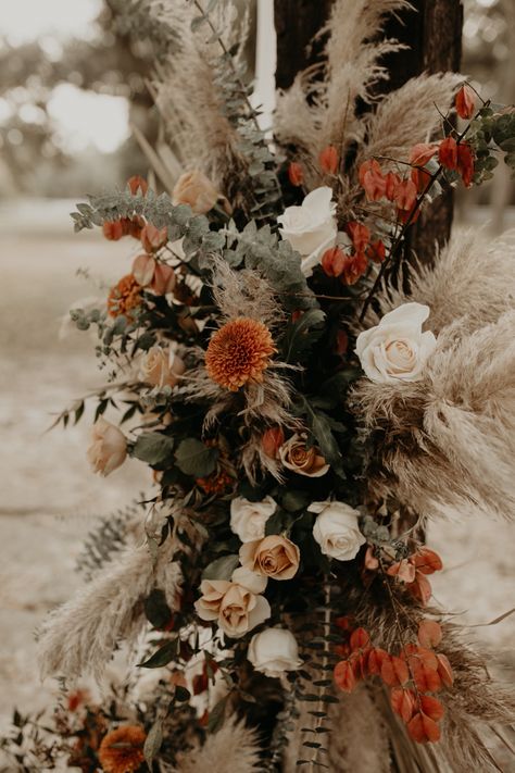 Rustic Orange Wedding Reception, Rust Wedding Arch Flowers, Rust Orange And Tan Wedding, Rust And Burgundy Wedding Flowers, Rustic Boho Wedding Florals, Rust And Greenery Wedding Decor, Rust And Pampas Wedding, Rust Bouquet Wedding Colors, Fall Wedding Flowers Terracotta