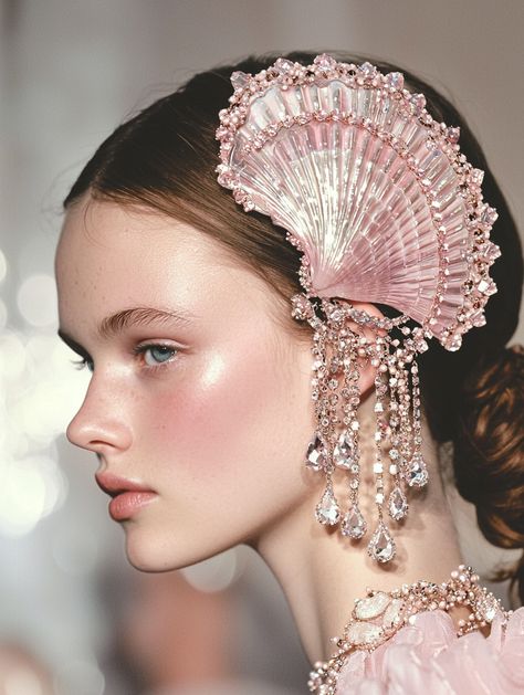 ✨ Dive into elegance with our stunning Krynolin-style hairpin! 💖 This pale pink facecloth hairpiece, reminiscent of a delicate seashell, captures the beauty of the ocean waves. 🌊 Paired with a dazzling clear crystal chain headpiece, it creates a look that sparkles with soft and piercing highlights. ✨ Perfect for a vintage-inspired fashion show, this accessory celebrates femininity with its time... Delicate Face, Chain Headpiece, Subtle Makeup, Summer Styling, Blush On, Chic Art, Vintage Inspired Fashion, Pearl And Lace, Crystal Chain