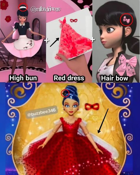 Marinette Dress Design, Miraculous Ladybug Dress, Acnh Miraculous Ladybug, Marinette Doll, Marinette Dress Season 5, Marinette Mouse Miraculous, Snoopy Halloween, High Bun, Cat Noir