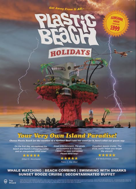 Plastic Beach Poster, Gorillaz Plastic Beach, Booze Cruise, Hi Welcome To Chili's, Plastic Beach, Monkeys Band, Gorillaz Art, Different Meaning, Beach Posters