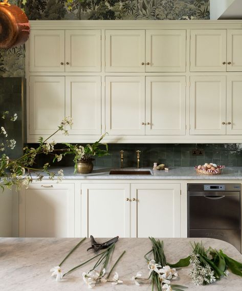 deVOL X House of Hackney's kitchen is a fantastical wonderland | Livingetc How To Decorate Above Kitchen Cabinets, Green Tile Backsplash, Classic English Kitchen, Cream Kitchen Cabinets, Top Of Kitchen Cabinets, Decorating Above Kitchen Cabinets, House Of Hackney, Above Kitchen Cabinets, Above Cabinets