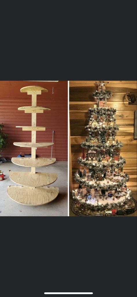 Christmas Tree Shelf, Corner Christmas Tree, Diy Christmas Yard Decorations, Christmas Tree Ideas Decorating, Diy Christmas Village Displays, Christmas Tree Village Display, Village Tree, Christmas Tree Train, Pencil Christmas Tree Ideas