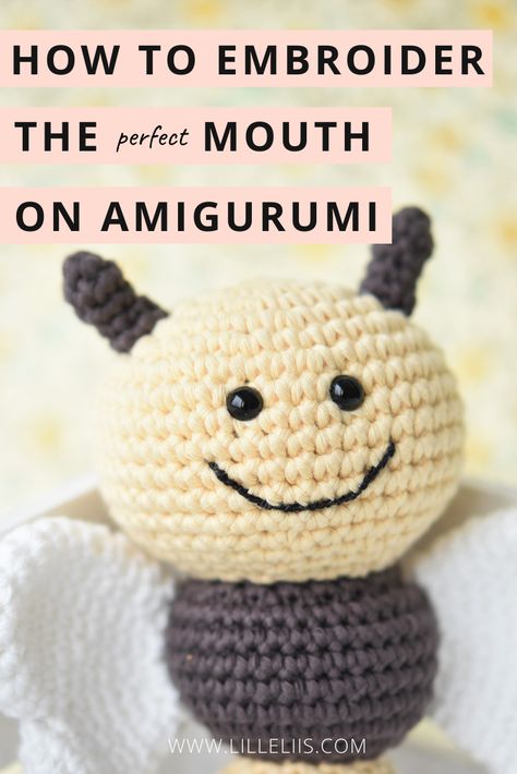 Tutorial - How to embroider a mouth on amigurumi (video) | lilleliis Embroidering Faces On Amigurumi, How To Embroider Faces On Crochet, How To Embroider Amigurumi Faces, Embroidery Amigurumi Faces Tutorial, Embroider Amigurumi Face, Embroidery On Amigurumi, Amigurumi Mouth Embroidery, How To Embroider Crochet, Amigurumi Faces Embroidery