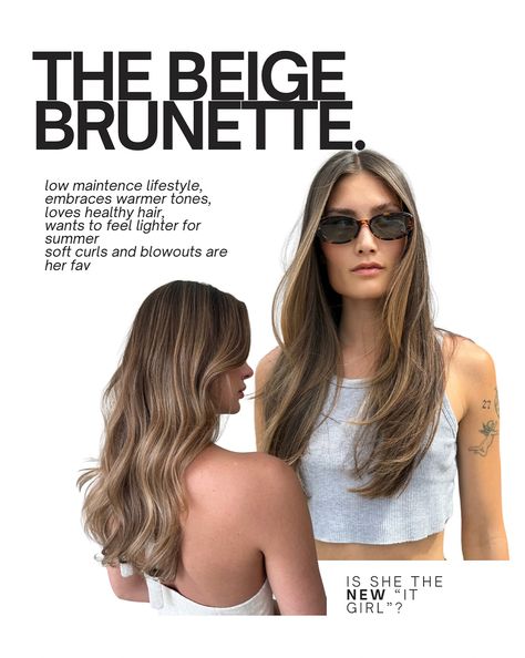 TRENDING THIS SUMMER: The Beige Brunette For brunettes who want healthy shiny hair with a kiss of warmth & dimension, this color is for YOU! Some favourite beige brunette glosses I’ve been using are: 7NCH 6GB 8GI 8NB #haireducation #beigebrunette #trendinghair #summerhair Cool Beige Brunette, Biscuit Brunette, Beige Brunette Hair, Beige Brunette, Healthy Shiny Hair, Soft Curls, A Kiss, Shiny Hair, Brunette Hair