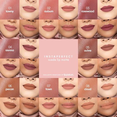 LIPPIELUST® on Instagram: "It’s not matte, but it’s not even creamy. Siapa yang kangen sama produk suede di tengah-tengah gempuran color balm? Aid your longing with Instaperfect Suede Lip Matte. Per usual, brand yang satu ini enggak pernah gagal memproduksi shade yang cocok untuk digunakan setiap hari karena sifatnya yang not too bold, but, not too faint, either.   Look at the color desc. below: 💄01 TAWNY – medium neutral pink 💄02 AUBURN – medium warm peachy pink 💄03 ROSEWOOD – dark neutral reddish plum 💄04 SIENNA – dark neutral brownish purple 💄05 OCHRE – dark warm brown 💄06 PECAN – medium warm brownish orange 💄07 FAWN – light warm pink 💄08 CLOUD – light warm peach  ℹ️Disclaimer: Deskripsi shade di caption ini ditentukan Lippielust, bukan Official Brand.  🛍️Where to buy: @instape Brownish Purple, Neutral Lip Color, Nude Color Palette, Lip Matte, Neutral Pink, Lips Shades, Color Palette Design, Lipstick Shades, Pale Skin