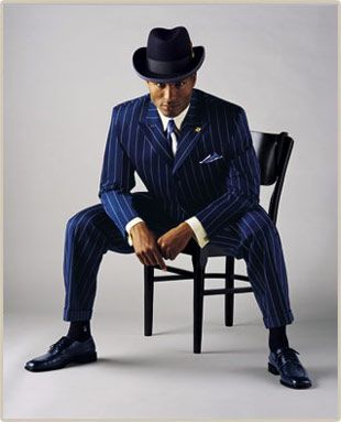 Suit With Hat, Blue Pinstripe Suit, Mens Dress Hats, Mens Suit Style, Suit Styles, Dark Blue Suit, Zoot Suit, Hollywood Men, Designer Suits For Men