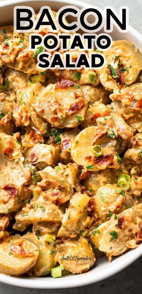 If you're looking for an unforgettable summer side dish, this bacon potato salad recipe is it! It has crispy bacon that's complemented by an irresistible smoky and tangy dressing and fresh scallions. Bacon Potato Salad Recipe, Potato Salad With Bacon, Salad Recipes With Bacon, Homemade Potato Salads, Roasted Potato Salads, Warm Potato Salads, Bacon Potato Salad, Easy Potato Salad, Bacon Potato