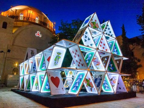 House of Cards at Jerusalem Light Festival in 2014 by OGE Group Jason Alden, Props Concept, Events Ideas, Illumination Art, Logo Project, Event Decoration, Up House, Playing Card Deck, Mini Golf