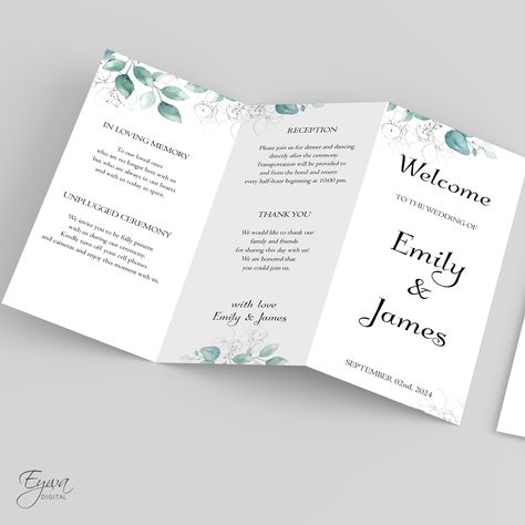 Editable Wedding Ceremony Program Template tri-folded in beautiful eucalyptus greenery design, easy editable in Adobe Acrobat Reader.
You have the freedom to edit every detail in your program template to make it perfect for your wedding!

This listing is a digital, printable wedding ceremony program for easy, affordable, and beautiful at-home printing.
Change the font color, font and edit the files yourself. Wedding Ceremony Programs Template, Ceremony Program Template, Computer Notes, Greenery Design, Wedding Ceremony Programs, Eucalyptus Greenery, Wedding Programs Template, Order Of Service, Ceremony Programs