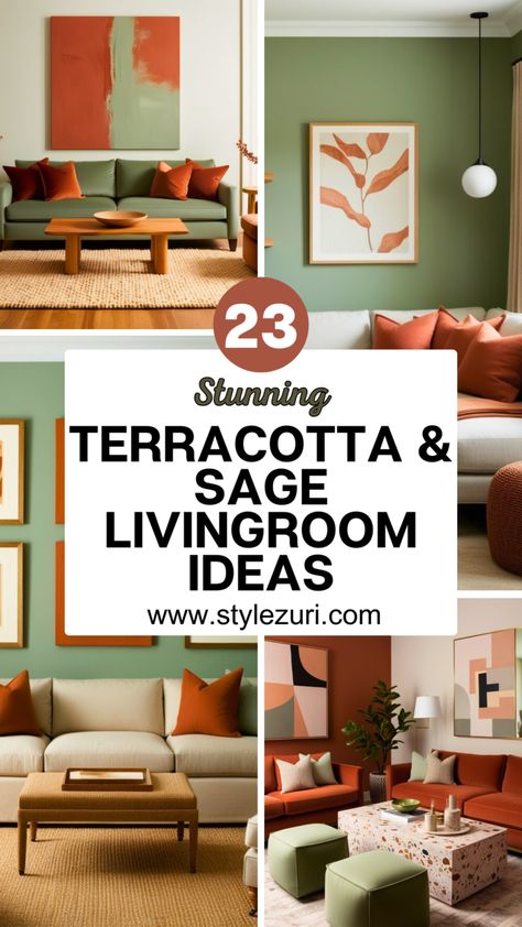 23 Gorgeous Terracotta and Sage Green Living Room Ideas to Transform Your Space - Style Zuri Burnt Orange Sofa Green Walls, Green Couch Orange Curtains, Evergreen Fog And Terracotta, Sage And Orange Living Room, Sage And Blue Color Palette Living Room, Sage And Terracotta Living Room, Terracotta And Green Living Room, Eucalyptus Living Room, Green And Tan Living Room