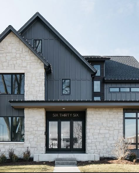 Iron Ore Sherwin Williams, Sherwin Williams Iron Ore, Casa Country, Iron Ore, Modern Farmhouse Exterior, Casa Exterior, Exterior Stone, Black House Exterior, Farmhouse Exterior