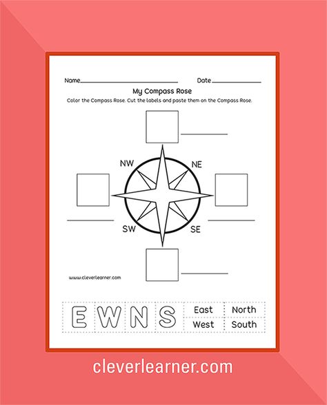 Fun Compass Rose Worksheet for children. #preschool #kindergarten #homeschooling #children #parenting #moms #learning Compass Rose Worksheet Free Printable, Compass Rose Activities Kindergarten, Compass Worksheet, Geography Kindergarten, Compass For Kids, Cardinal Directions For Kids, Cardinal Directions Worksheet, Compass Activities For Kids, Kindergarten Geography