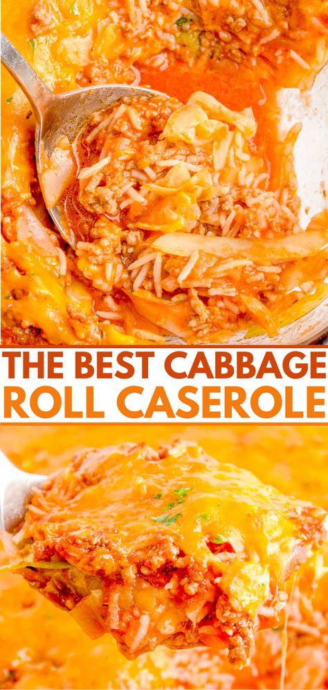 Cabbage Roll Casserole - 👏🏻🥬🧀 Take the work out of traditional cabbage rolls and make this EASY comfort food cabbage roll casserole instead! Layers of seasoned ground beef and rice, tender cabbage, and oodles of melted cheese in every bite. A family FAVORITE recipe that's ready in 1 hour. Can be made in advance and freezes well!'s ready in 1 hour. Can be made in advance and freezes well! Easy Cabbage Rolls, Ground Beef And Rice, Cabbage Roll Casserole, Unstuffed Cabbage, Cabbage Roll, Averie Cooks, Cabbage Rolls Recipe, Cabbage Casserole, Ground Beef Casserole