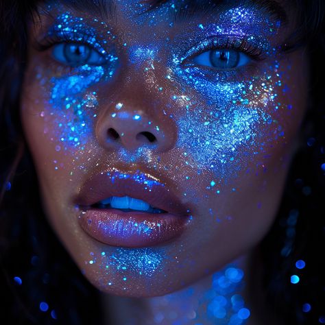 Aurora Borealis Makeup Look, Water Themed Makeup Look, Space Makeup Aesthetic, Dramatic Blue Makeup, Blue Goddess Aesthetic, Sky Makeup Look, Jelly Fish Makeup, Oil Spill Makeup, Blue Rave Makeup