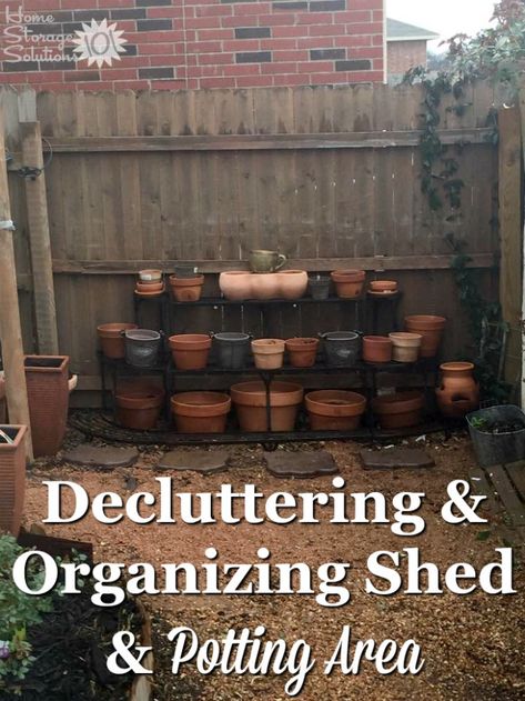 Garden Pot Organization, Potting Soil Storage Container, Potting Shed Organization, Porch Organization, Potting Area, Declutter 365, Potting Station, Garden Tool Rack, Garden Prepping