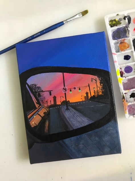 Sunset, Car mirror, pretty skies Cool Painting Aesthetic, Something To Draw On A Canvas, Car Mirror Painting Canvas, Personal Paintings Ideas, Beautiful Easy Paintings Canvas Ideas, Unique Paintings Creative Acrylic, Art Acrylic Painting Ideas Inspiration, Painting Ideas On A Canvas, Painting Ideas On Canvas Gift