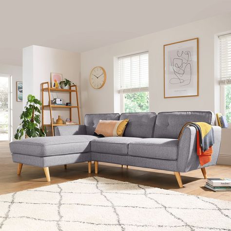 Grey L Shaped Couch Living Room, Sofa Lounge Design, Corner Sofa Small Living Room, Sofa Lighting, Lounge Design Ideas, West Kensington, Light Grey Sofa, Scandi Sofa, Scandi Aesthetic