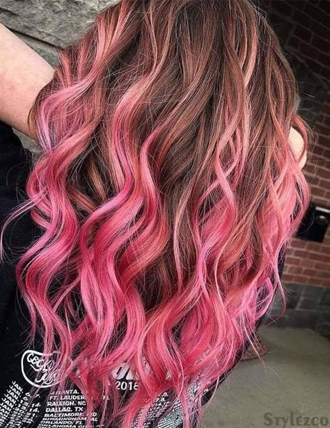 Pink Brown Hair Color, Pink Bayalage, Pink Brown Hair, Grey Balayage, Brown And Pink Hair, Blonde Ombre Hair, Underlights Hair, Pink Streaks, Ombre Blond