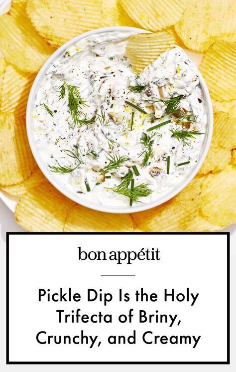 Crunchy Pickle Dip, Healthy Pickle Dip, Best Potato Chip Dip Recipe, Cream Cheese Cracker Dip, Chips And Dip Recipes, Seedy Crackers, Potato Chip Dip, Summer Apps, Pickle Dip Recipe