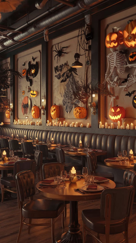 Explore unique Halloween backdrop ideas to give your restaurant a spooky, festive atmosphere. Follow me for more Halloween decor inspiration and tips! Haunted Circus Party, Halloween Cafe Decor, Restaurant Halloween Decor, Halloween Restaurant Decorations, Halloween Backdrop Ideas, Halloween Decor Inspiration, Haunted Circus, Restaurant Background, Old Money House