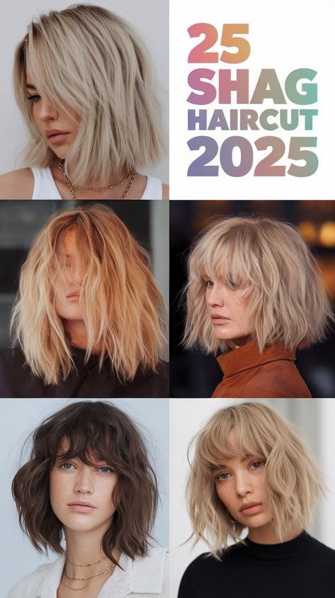 Shag Haircut 2025: 25 Inspiring Ideas - Fall Update 2024 Side Parted Shag Haircut, Fun Haircuts For Women Round Faces, Fine Hair Shag Haircut Medium Length, Long Shag Bob, Retro Shag Haircut, Shoulder Length Edgy Haircut, Medium Shag With Bangs, Cut For Curly Hair, Haircut 2025