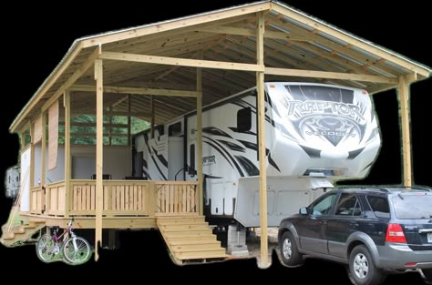 Travel Trailer Carport Ideas, Travel Trailer Outdoor Living Space, Covered Rv Parking Home, Rv Shelter With Deck, Rv Porches And Decks, Diy Rv Carport, Deck Ideas For Campers, Permanent Camper Site Ideas, Camper Garage