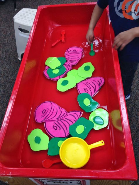 Coyne's Crazy Fun Preschool Classroom: DR. SEUSS CELEBRATION WEEK! March Sensory Table Ideas, Green Eggs And Ham Sensory Bin, Cat In The Hat Sensory Bin, Dr Seuss Sensory Bin For Toddlers, Dr Suess Sensory Bin Ideas, Dr Seuss Dramatic Play, Dr Seuss Sensory Bin, Dr Seuss Preschool Activities, March Lesson Plans