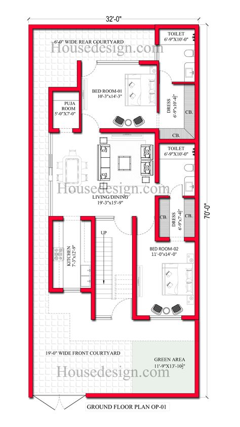 House Plan for 32 X 70 feet, 250 square yards gaj, Built up area 2240 Sq feet, ploth width 32 feet, plot depth 70 feet. No of floors 1. op-1 & op-02 with internal & external staircase External Staircase, Front Courtyard, Puja Room, Duplex House, Ground Floor Plan, House Plan, Floor Plan, House Plans, Floor Plans