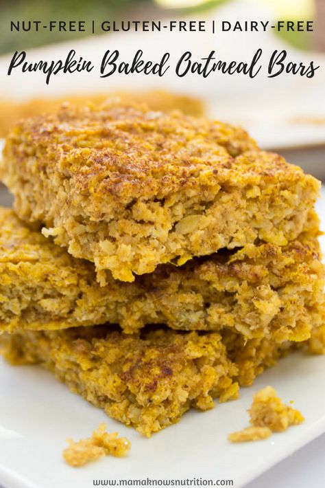 Baked Oatmeal Bars, Pumpkin Baked Oatmeal, Oatmeal Bars Healthy, Baked Pumpkin Oatmeal, Toddler Nutrition, No Bake Oatmeal Bars, Oatmeal Breakfast Bars, Pumpkin Oats, Dairy Free Pumpkin