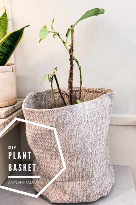 DIY Plant Basket Diy Plant Basket, Cloth Pots For Plants, Canvas Planter Bags Diy, Diy Pot Covers Plants, Diy Fabric Planter Bag, Plant Basket Diy, Fabric Plant Pot Covers Pattern, Flower Pot Diy, Plant Holder Diy