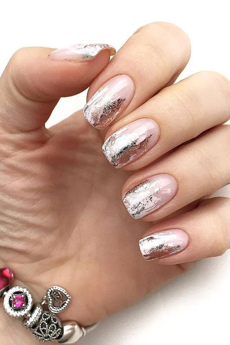 pinterest nails pink wedding with silver foil effect studioonail Gold And Silver Foil Nails, Foil Tips Nails, Neutral Foil Nails, Foil Ombre Nails, Foil Glitter Nails, Nails With Foil Flakes Silver, Silver Foil Nail Designs, Foil Accent Nail, Chrome Foil Nails