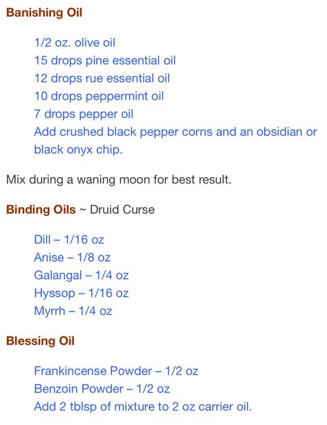 Essential Oil Spells, Hoodoo Oils How To Make, Hoodoo Oil Recipes, Banishing Oil Recipe, Money Oil Recipes Hoodoo, Hoodoo Recipes, Love Oil Recipe Witchcraft, Look Me Over Oil Recipe Hoodoo, Come To Me Oil Recipe Witchcraft