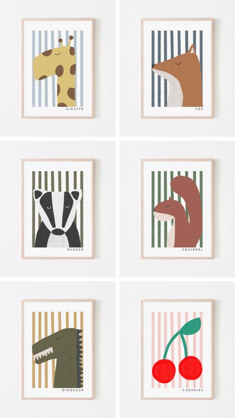 Nursery Room Prints, Nursery Frames Decor, Nursery Art Work, Nursery Poster Ideas, Gallery Wall Kids Room, Kids Prints Design, Animal Poster Design, Zoo Bedroom, Children Poster Design