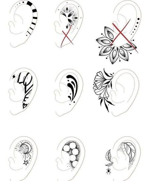 Ear Tattoo Geometric, Mandala Ear Tattoo Design, Decorative Ear Tattoo, Dot Work Ear Tattoo, Cute Ear Tattoos, Flower Ear Tattoo, Ear Tattoos Women, Tattoo Oreille, Cool Tattoos With Meaning