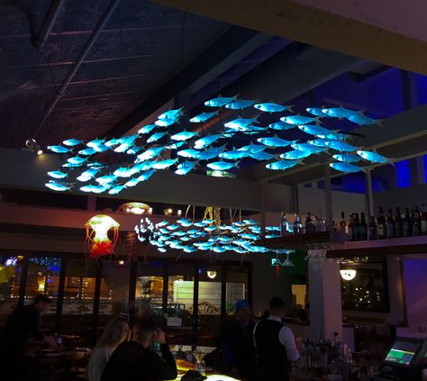 Fish Restaurant Interior, Under The Sea Restaurant, Ocean Chandelier, Fish Restaurant Design, Fish Lighting, Fish Lights, Fish Chandelier, Ocean Room Decor, Fish Lamp