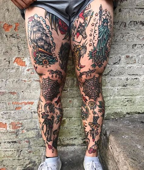 Traditional Tattoo Knee, Traditional Tattoo Leg Sleeve, Old School Tattoo Sleeve, Nautical Tattoo Sleeve, Black Sleeve Tattoo, Tattoo Perna, Old School Tattoos, Traditional Black Tattoo, Traditional Tattoo Old School