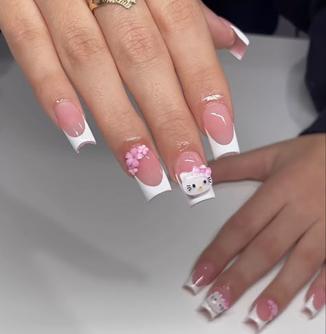 Short Coffin Hello Kitty Nails, Hello Kitty Nails Medium Square, French Tip With Hello Kitty Charm, Hello Kity Nails Acrylic, Hello Kitty Medium Nails, Valentines Day Nails Hello Kitty, Short Nails Ideas Hello Kitty, Hello Kitty Nails With Initial, Hello Kitty Christmas Nails Short