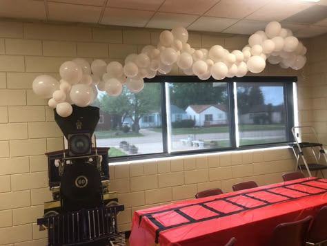 Train Parade Float Ideas, Christmas Polar Express Decorations, Polar Express Balloons, The Polar Express Classroom Door, Train Float For Parade, Polar Express Train Door Decorations, Polar Express Entrance, Polar Express Theme Activities, Polar Express Desk Decorations