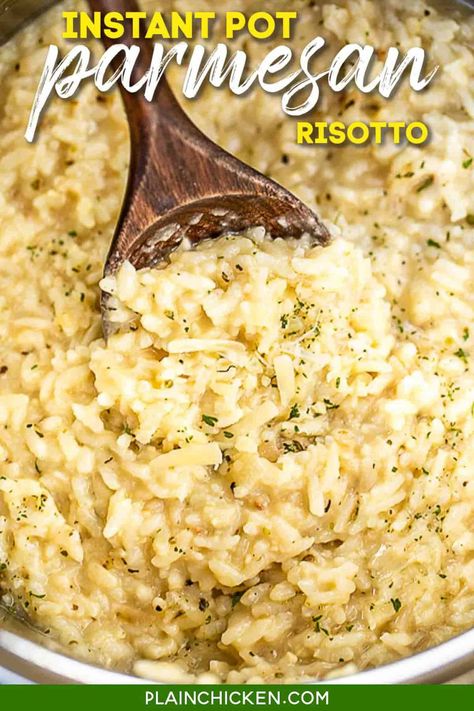 Instant Pot Parmesan Prosecco Risotto Recipe - arborio rice, shallots, garlic, chicken broth, prosecco, Italian seasoning and parmesan - made in the electric pressure cooker! Only takes 8 minutes! Great side dish! Add green peas or mushrooms for a meatless main dish! #instantPot #risotto #sidedish Instantpot Risotto, Italian Pot Roast, Risotto Dishes, Parmesan Risotto, Chicken Risotto, Seasoned Rice Recipes, Pot Beef Stew, Risotto Recipe, Meatless Main Dishes