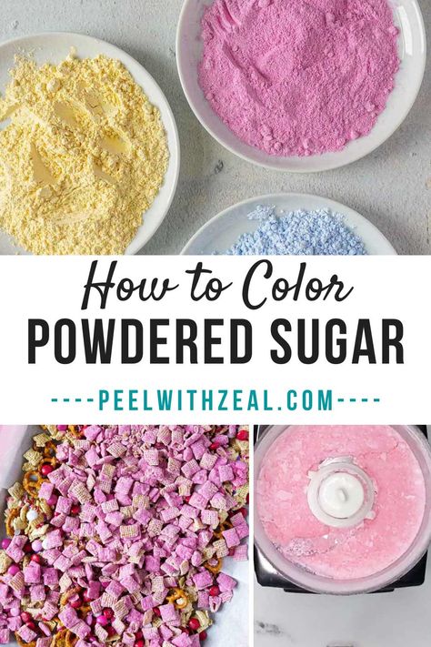 Color icing sugar at home for a fun way to decorate puppy chow, cookies, candies, and cakes. Colored Puppy Chow, Bakery At Home, Colored Powdered Sugar, Cute Sugar Cookies, How To Color Sugar For Sprinkles, Gateaux Cake, Cake Icing, Icing Recipe, Dessert Decoration