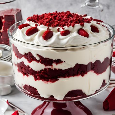 Red Velvet Trifle Red Velvet Trifle Desserts, Trifles Desserts, Red Velvet Trifle, Cherry Trifle, Velvet Desserts, Trifle Cake, Red Velvet Desserts, Layered Dessert, Red Velvet Cake Mix