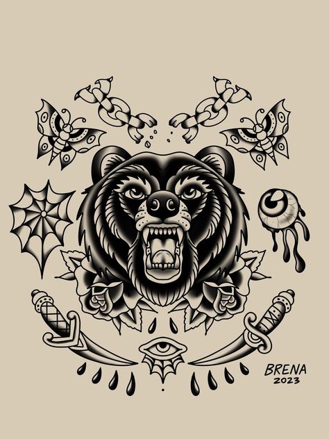 #tattoo #tattoos #inked #tattooart #tattooed #tattooideas #tattoodesign #tattooinspiration #tattoosleeve #tattooflash #inkedgirls #tattooedwomen  #InkLaughs  #TattooFails American Traditional Animal Head Tattoo, Trad Bear Tattoo, American Traditional Chest Tattoo, Traditional Bear Tattoo, Black Bear Tattoo, Traditional Chest Tattoo, Traditional Tattoo Drawings, Traditional Chest, Traditional Tattoo Flash Art