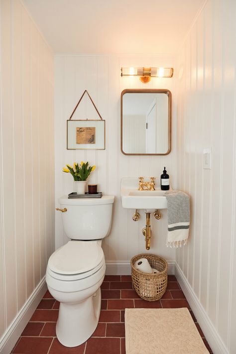 Powder Room - Patticake Wagner Benjamin Moore Atrium White, Tiny Powder Room Ideas, Tiny Powder Room, Ceiling Color, Towel Basket, Toilet Handle, Primary Bathroom, Colored Ceiling, Bath Ideas