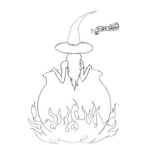 Witchy Cauldron Bath / 13 Days Of Halloween - The Art Sherpa Community | The Art Sherpa Halloween Traceables, Witchcraft Art Drawing, Simple Witch Drawing, Witch Canvas Painting, Easy Witch Drawing, Witch Lineart, Witchy Drawings Simple, Witch Sketch, Stream Painting