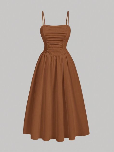 SHEIN MOD Solid Ruched Cami Dress | SHEIN USA Shein Vintage Dress, Retro Knee-length Ruffled Dress, Shein Dazy Dress, Fitted Brown Cottagecore Dress, Shein Cami Dress, Brown Ruffled Knee-length Midi Dress, Fall Dresses For Women, Fall Dress Trends, Graphic Print Dress