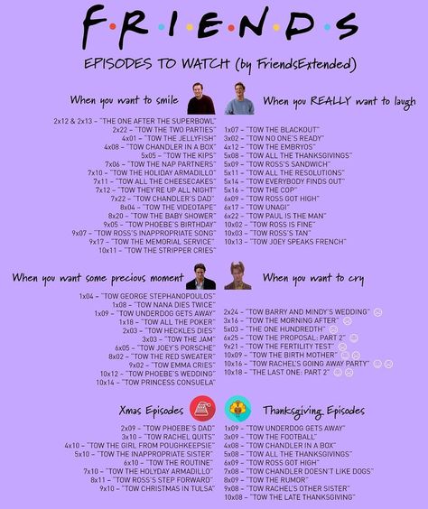 Hi guys.  Something I’ve been working on. This is my PERSONAL list.  It was really tough to do, if you share please credit.  And of course,… Friends Best Episodes, Best Teen Movies, Friends Best Moments, Friends Episodes, Friends Moments, Teen Movies, Superbowl Party, Romantic Movies, Friends Tv Show